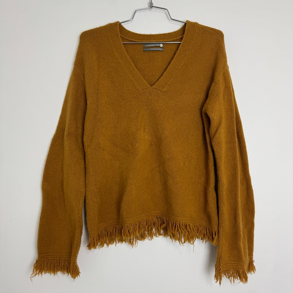 Anthropologie V Neck Fringe Mustard Sweater Women Size Small 20% Wool